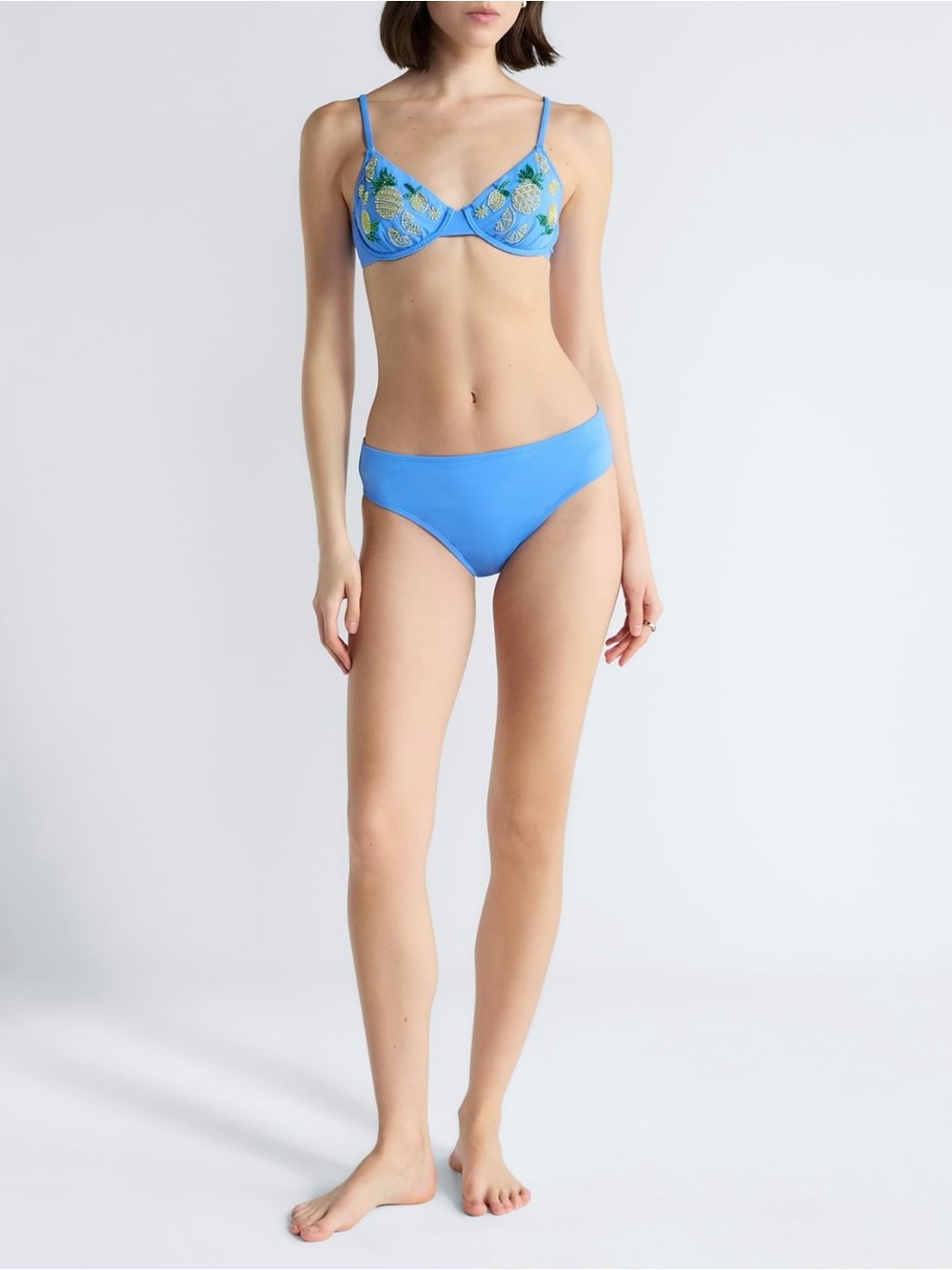 Blue Beaded Demi Underwire Bikini Top and Mid Rise Bottoms Bikini